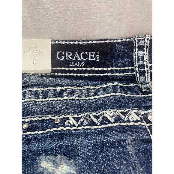 Nwt Grace in LA Women's Embellished Pocket Denim SZ 32 Easy Fit Distressed Short - Picture 10 of 15